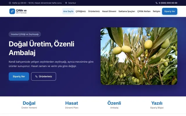 Klasik Lacivert Mavi – Tarım ve Zeytinyağı Web Sitesi ana sayfa görünümü