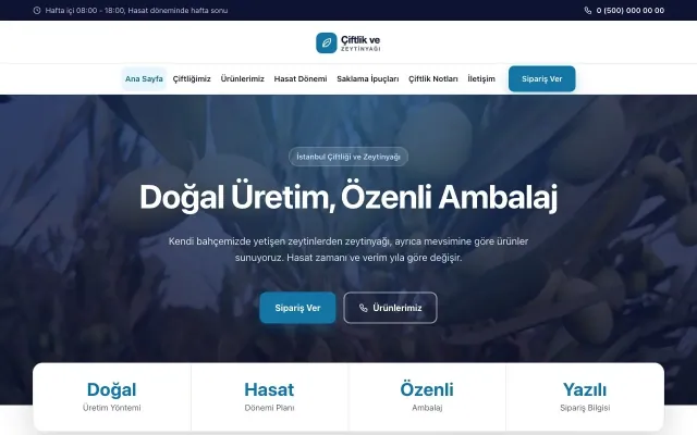 Merkez Lacivert Mavi – Tarım ve Zeytinyağı Web Sitesi ana sayfa görünümü