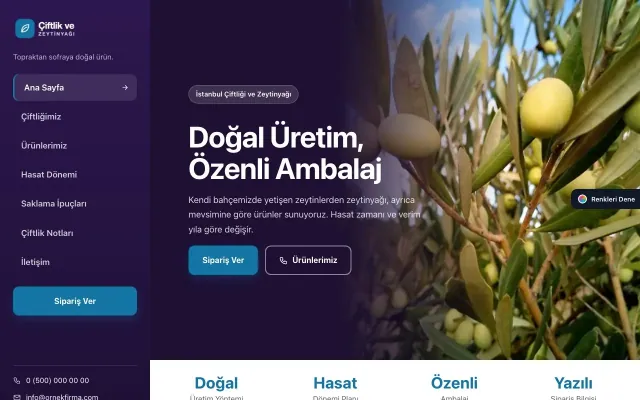 Tarım ve Zeytinyağı için Sol Menü Mor Mavi – Tarım ve Zeytinyağı Web Sitesi ana sayfa görünümü