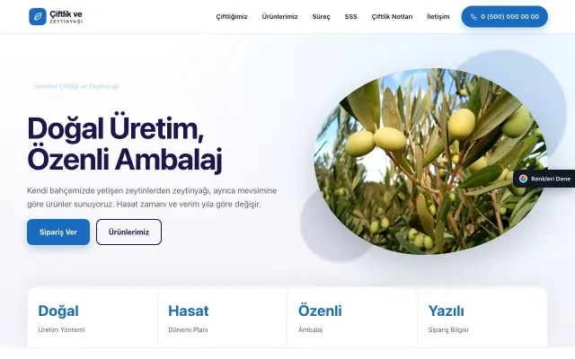 Tarım ve Zeytinyağı için Tek Sayfa Lacivert Mavi – Tarım ve Zeytinyağı Web Sitesi ana sayfa görünümü