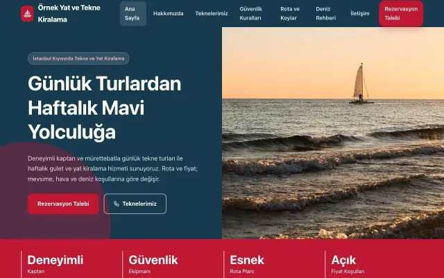 Tekne ve Yat Kiralama için Blok Mavi Kırmızı – Tekne ve Yat Kiralama Web Sitesi ana sayfa görünümü