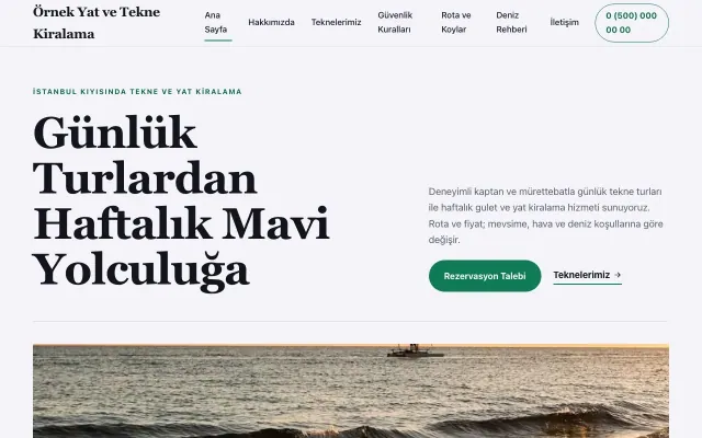 Tekne ve Yat Kiralama için Editoryal Lacivert Turkuaz – Tekne ve Yat Kiralama Web Sitesi ana sayfa görünümü