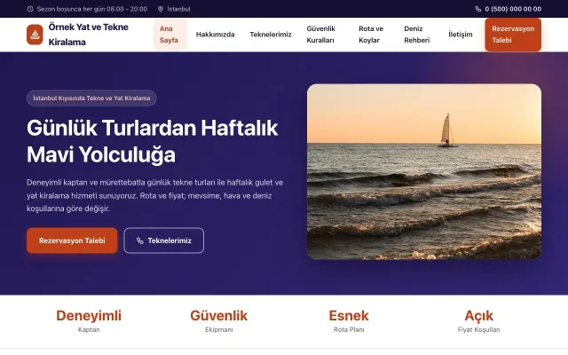 Tekne ve Yat Kiralama için Klasik Lacivert Turuncu – Tekne ve Yat Kiralama Web Sitesi ana sayfa görünümü