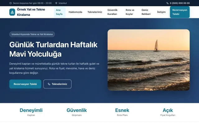 Tekne ve Yat Kiralama için Klasik Mavi Turkuaz – Tekne ve Yat Kiralama Web Sitesi ana sayfa görünümü
