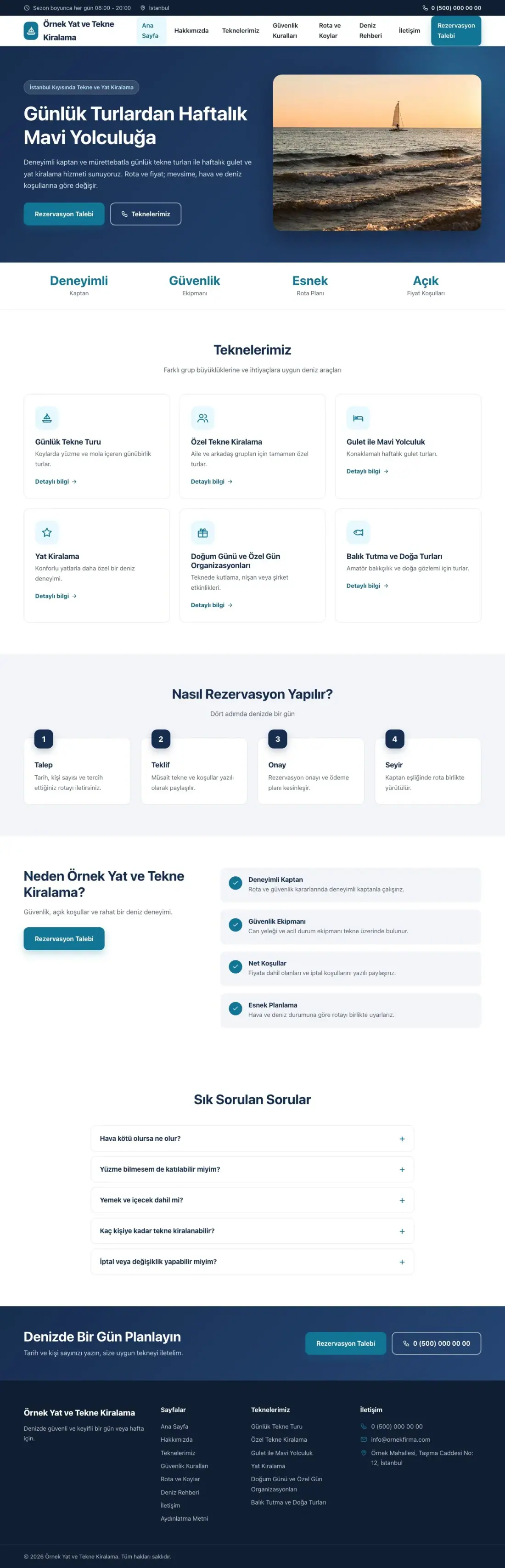 Tekne ve Yat Kiralama için Klasik Mavi Turkuaz – Tekne ve Yat Kiralama Web Sitesi ana sayfa görünümü
