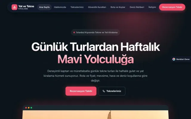 Tekne ve Yat Kiralama için Koyu Modern Mavi Kırmızı – Tekne ve Yat Kiralama Web Sitesi ana sayfa görünümü