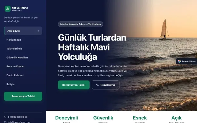 Tekne ve Yat Kiralama için Sol Menü Lacivert Turkuaz – Tekne ve Yat Kiralama Web Sitesi ana sayfa görünümü