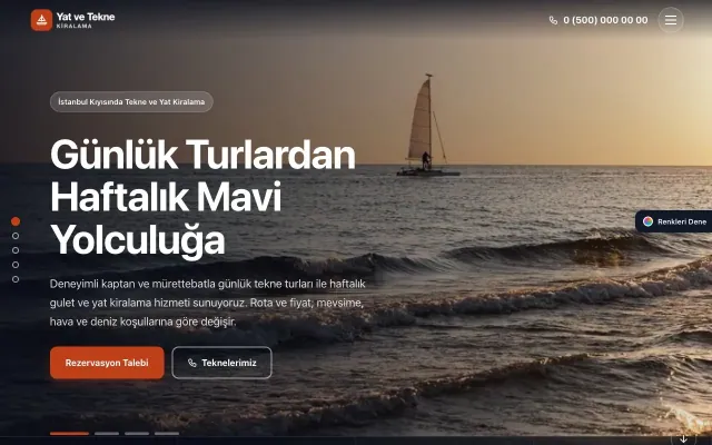 Tekne ve Yat Kiralama için Tam Ekran Lacivert Turuncu – Tekne ve Yat Kiralama Web Sitesi ana sayfa görünümü