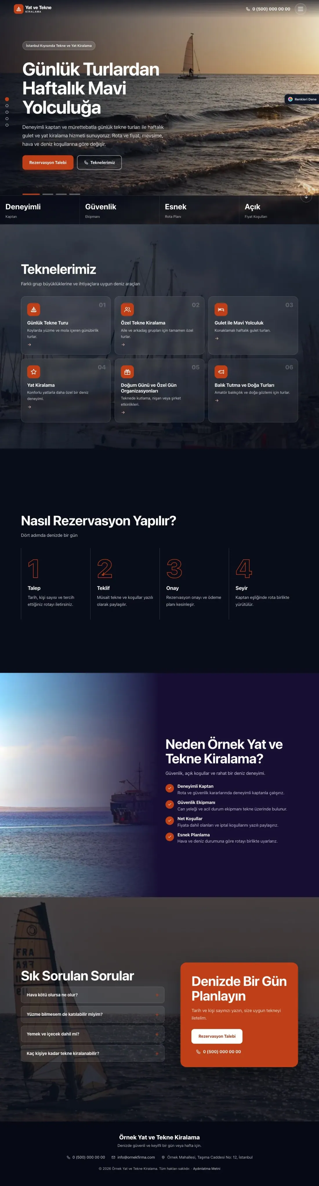 Tekne ve Yat Kiralama için Tam Ekran Lacivert Turuncu – Tekne ve Yat Kiralama Web Sitesi ana sayfa görünümü