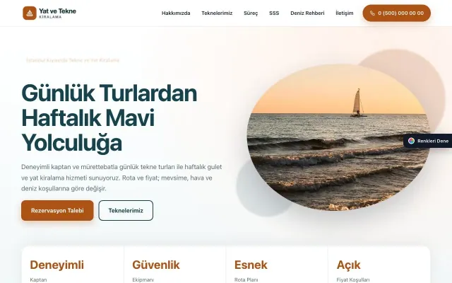 Tekne ve Yat Kiralama için Tek Sayfa Petrol Turuncu – Tekne ve Yat Kiralama Web Sitesi ana sayfa görünümü