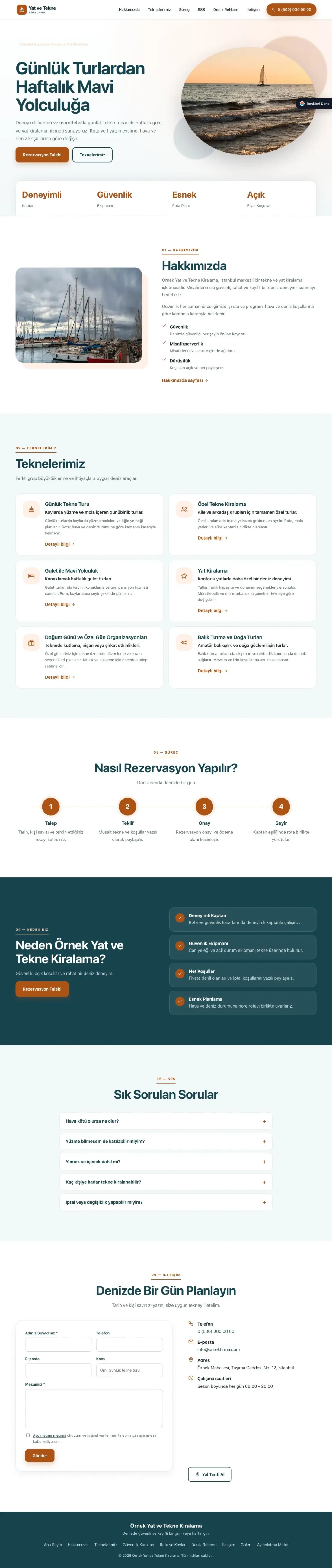 Tekne ve Yat Kiralama için Tek Sayfa Petrol Turuncu – Tekne ve Yat Kiralama Web Sitesi ana sayfa görünümü