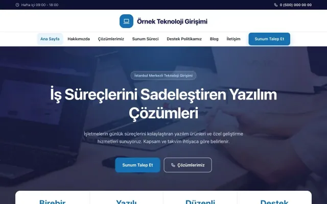 Teknoloji ve Girişim için Merkez Lacivert Mavi – Teknoloji ve Girişim Web Sitesi ana sayfa görünümü