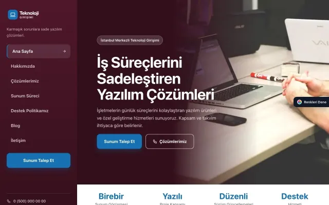 Teknoloji ve Girişim için Sol Menü Bordo Mavi – Teknoloji ve Girişim Web Sitesi ana sayfa görünümü
