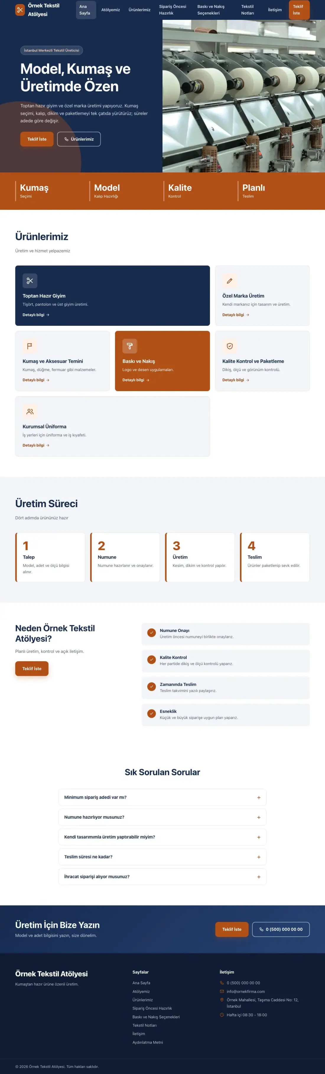 Tekstil için Blok Mavi Turuncu – Tekstil Web Sitesi ana sayfa görünümü