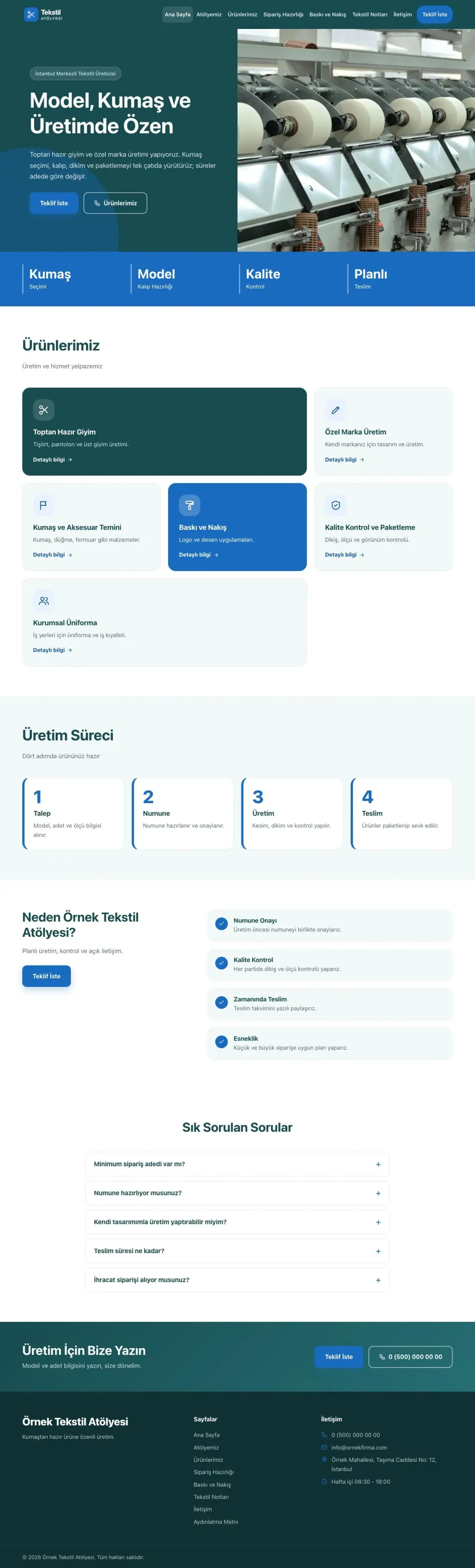 Blok Petrol Mavi – Tekstil Web Sitesi ana sayfa görünümü