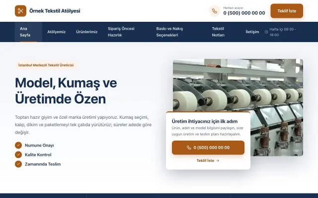 Tekstil için Bölünmüş Mavi Turuncu – Tekstil Web Sitesi ana sayfa görünümü