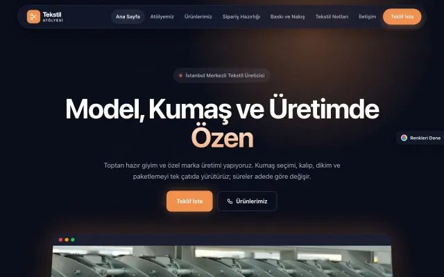 Tekstil için Koyu Modern Lacivert Turuncu – Tekstil Web Sitesi ana sayfa görünümü