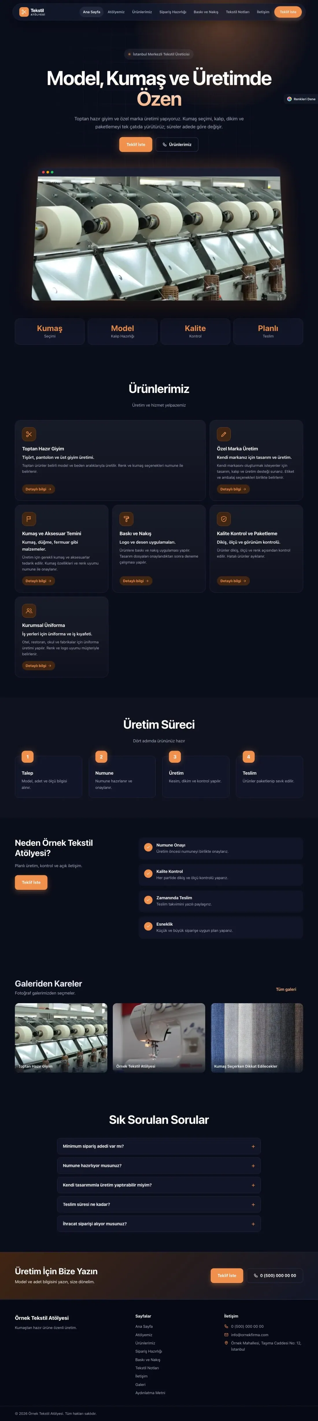 Tekstil için Koyu Modern Lacivert Turuncu – Tekstil Web Sitesi ana sayfa görünümü