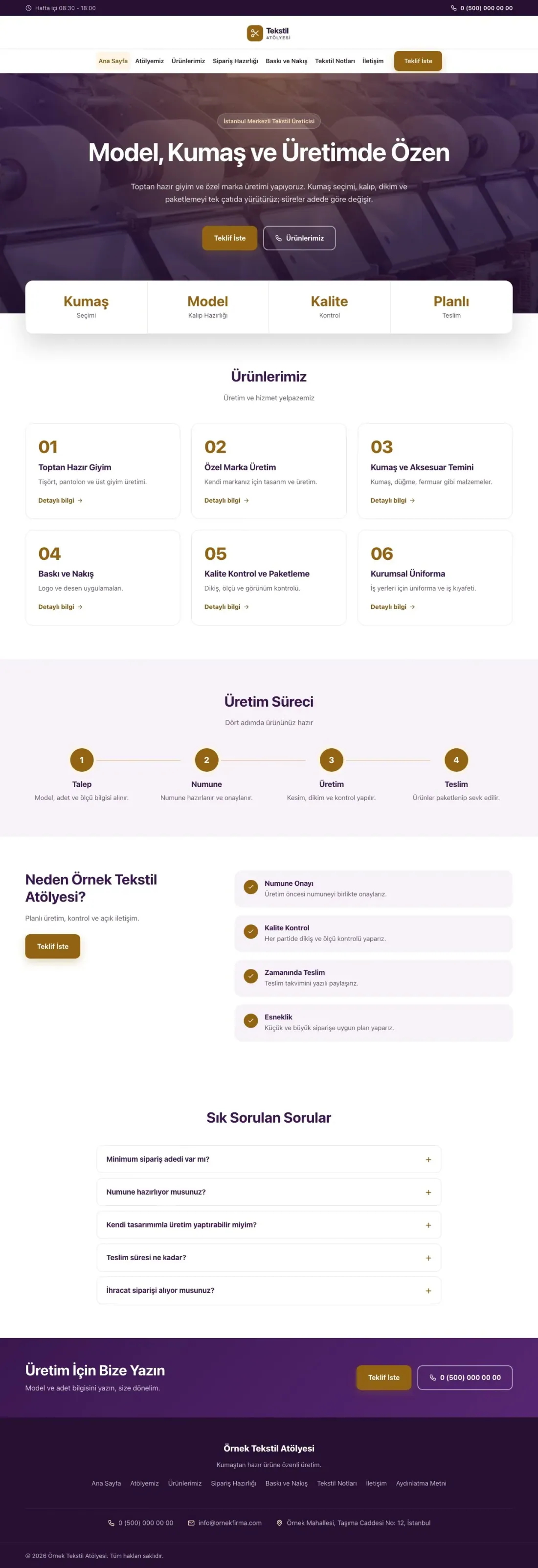 Merkez Mor Turuncu – Tekstil Web Sitesi ana sayfa görünümü