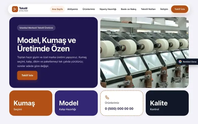 Tekstil için Mozaik Lacivert Turuncu – Tekstil Web Sitesi ana sayfa görünümü
