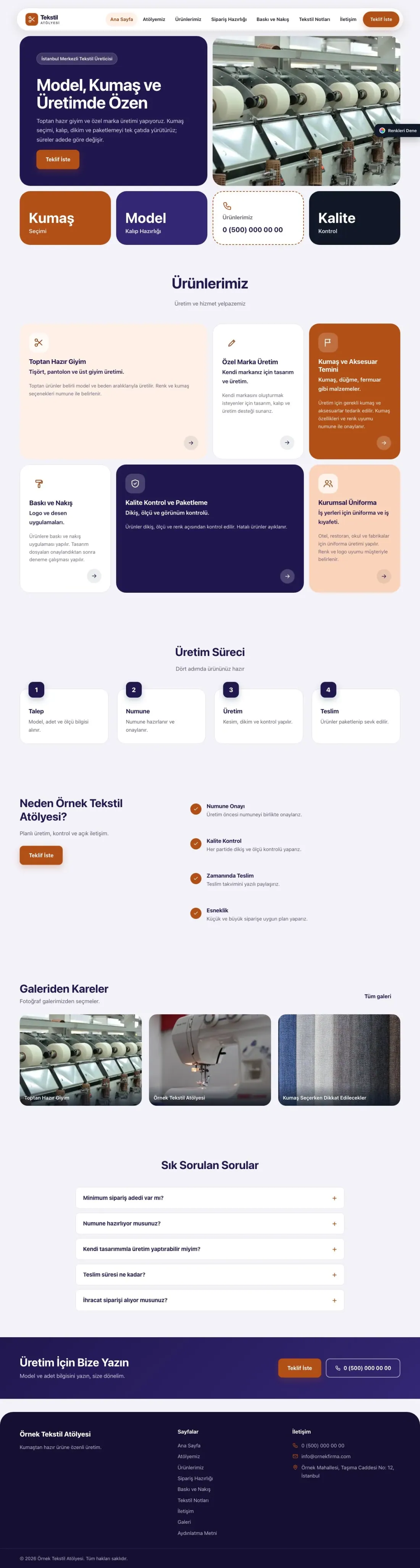 Tekstil için Mozaik Lacivert Turuncu – Tekstil Web Sitesi ana sayfa görünümü
