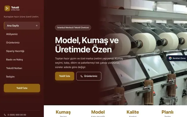 Tekstil için Sol Menü Bordo Turuncu – Tekstil Web Sitesi ana sayfa görünümü