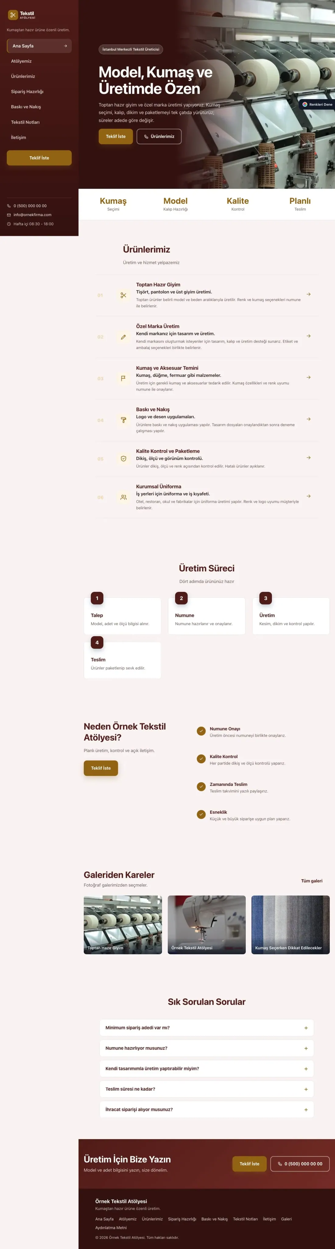 Tekstil için Sol Menü Bordo Turuncu – Tekstil Web Sitesi ana sayfa görünümü
