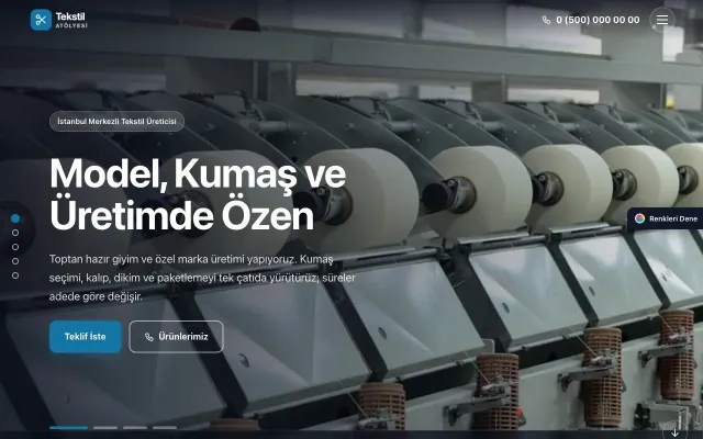 Tekstil için Tam Ekran Mor Mavi – Tekstil Web Sitesi ana sayfa görünümü