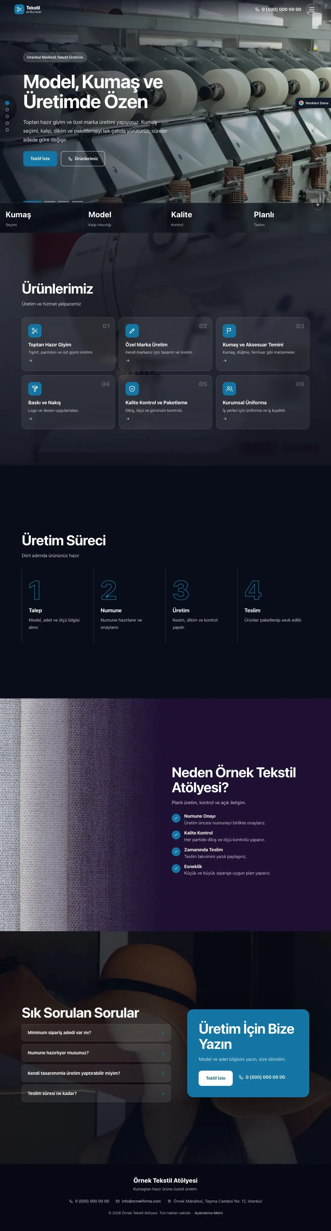 Tekstil için Tam Ekran Mor Mavi – Tekstil Web Sitesi ana sayfa görünümü