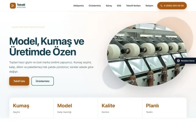 Tekstil için Tek Sayfa Mavi Turuncu – Tekstil Web Sitesi ana sayfa görünümü