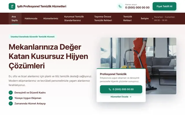 Temizlik için Bölünmüş Bordo Turkuaz – Temizlik Web Sitesi ana sayfa görünümü