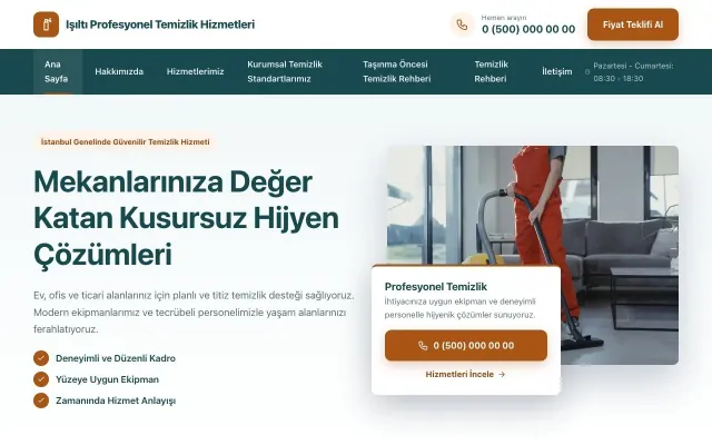 Temizlik için Bölünmüş Petrol Turuncu – Temizlik Web Sitesi ana sayfa görünümü