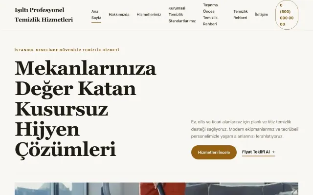 Temizlik için Editoryal Kahve Turuncu – Temizlik Web Sitesi ana sayfa görünümü