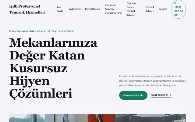 Temizlik için Editoryal Lacivert Turkuaz – Temizlik Web Sitesi ana sayfa görünümü