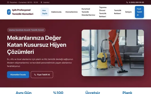 Temizlik için Klasik Bordo Mavi – Temizlik Web Sitesi ana sayfa görünümü
