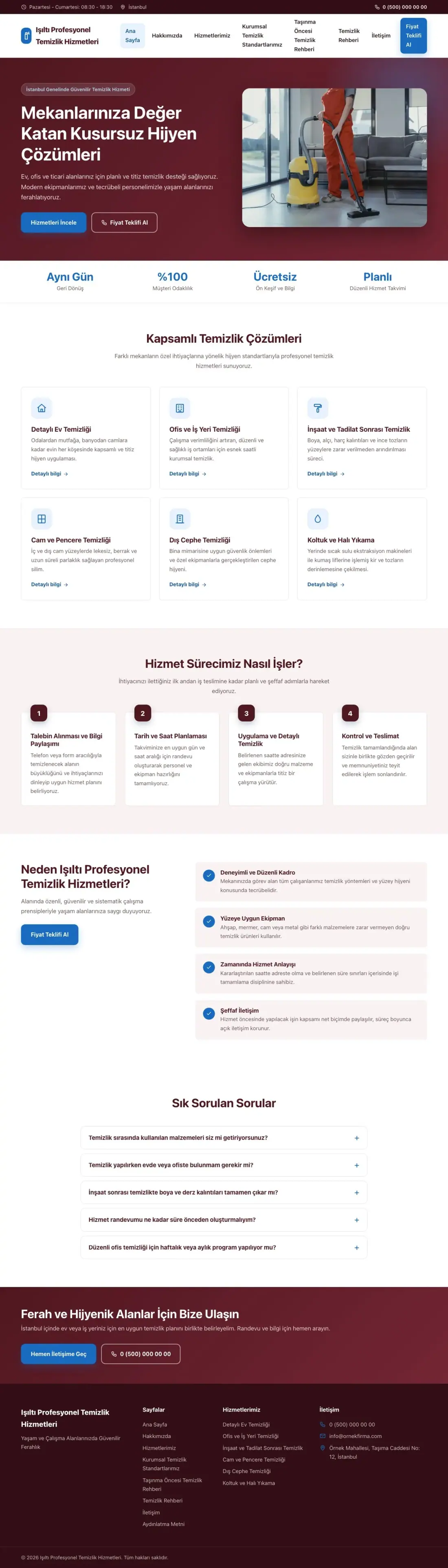 Temizlik için Klasik Bordo Mavi – Temizlik Web Sitesi ana sayfa görünümü