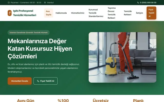 Temizlik için Klasik Yeşil Turuncu – Temizlik Web Sitesi ana sayfa görünümü