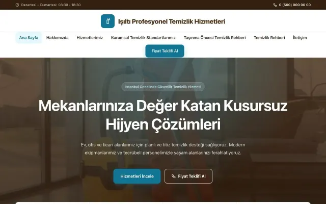 Temizlik için Merkez Kahve Turkuaz – Temizlik Web Sitesi ana sayfa görünümü
