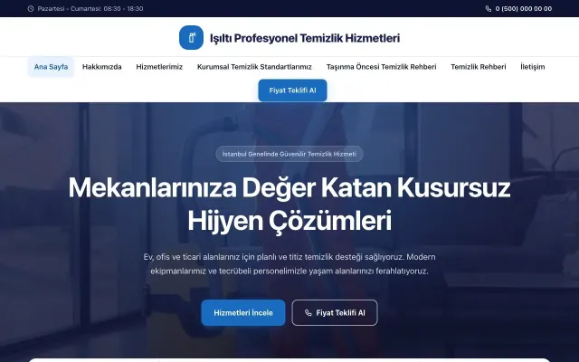Temizlik için Merkez Lacivert Mavi – Temizlik Web Sitesi ana sayfa görünümü