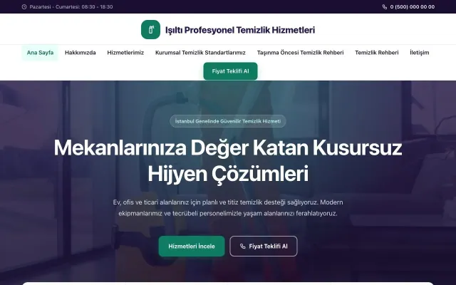 Temizlik için Merkez Mor Turkuaz – Temizlik Web Sitesi ana sayfa görünümü