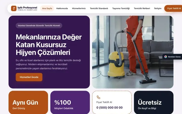 Temizlik için Mozaik Mor Turuncu – Temizlik Web Sitesi ana sayfa görünümü