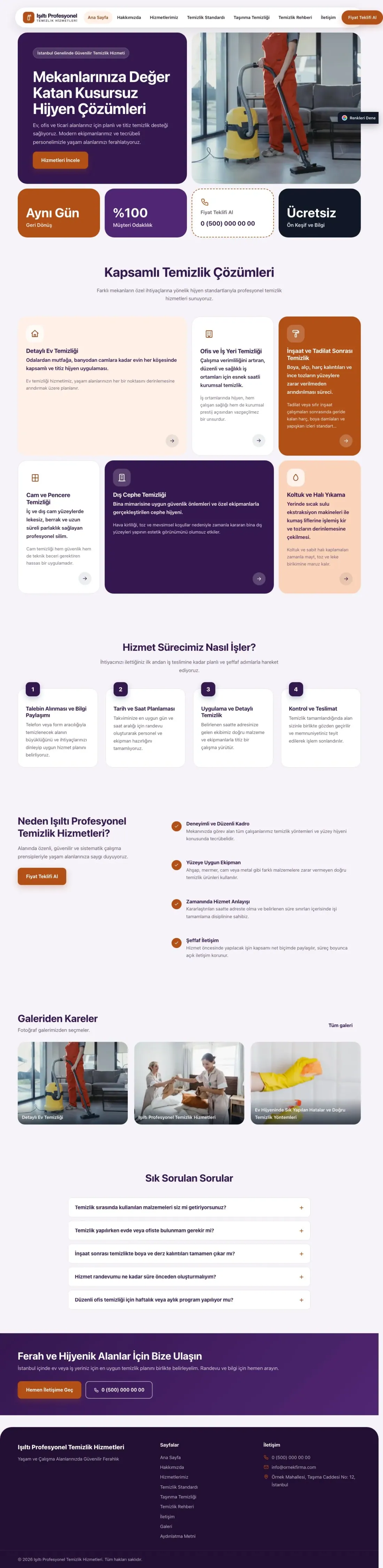 Temizlik için Mozaik Mor Turuncu – Temizlik Web Sitesi ana sayfa görünümü