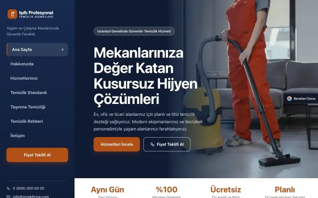 Temizlik için Sol Menü Mavi Turuncu – Temizlik Web Sitesi ana sayfa görünümü