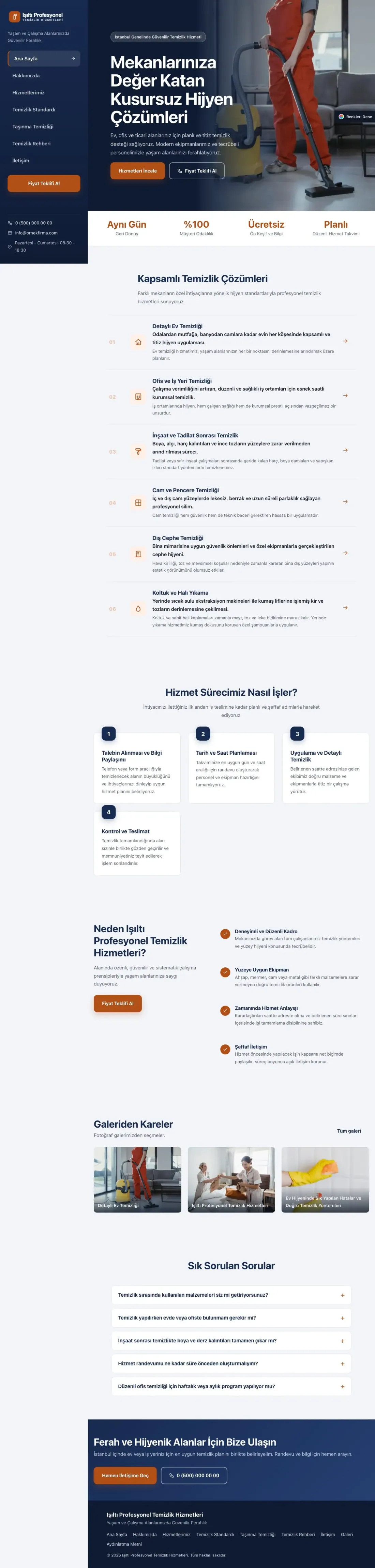 Temizlik için Sol Menü Mavi Turuncu – Temizlik Web Sitesi ana sayfa görünümü