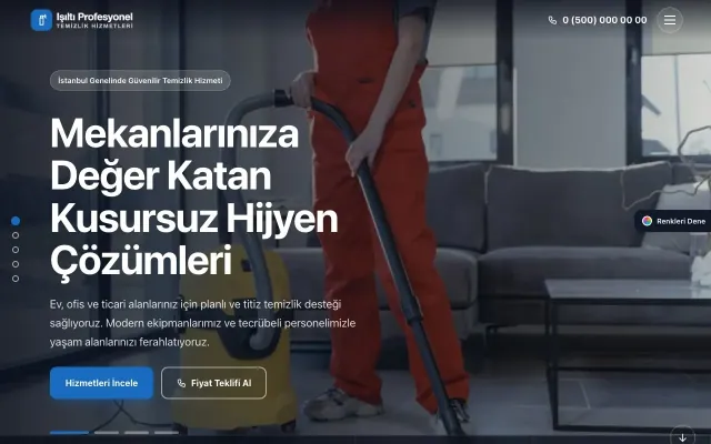 Temizlik için Tam Ekran Mor Mavi – Temizlik Web Sitesi ana sayfa görünümü