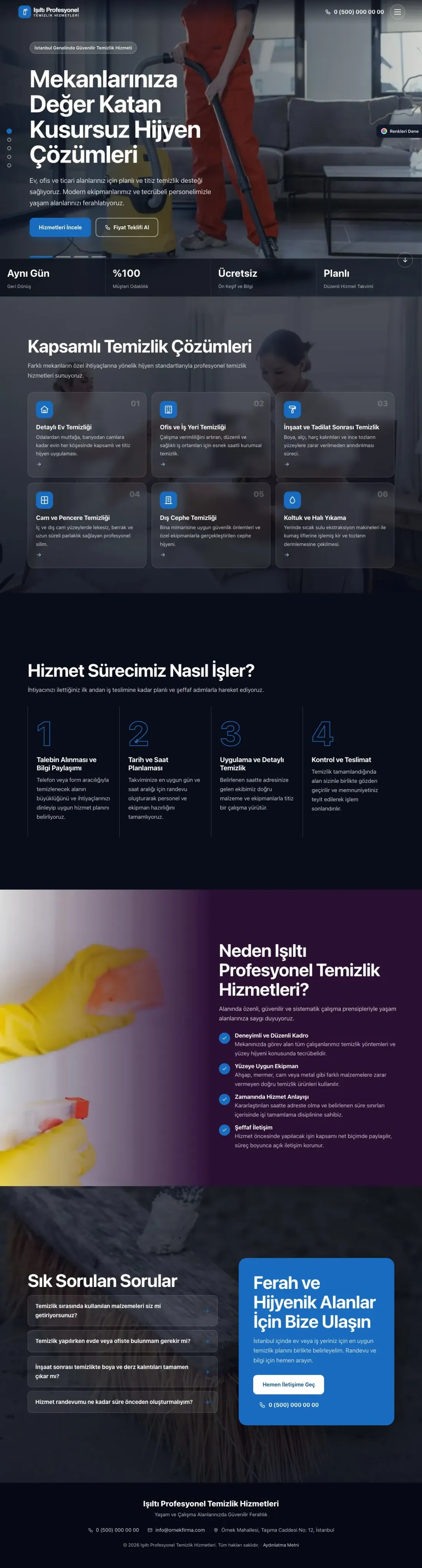 Temizlik için Tam Ekran Mor Mavi – Temizlik Web Sitesi ana sayfa görünümü