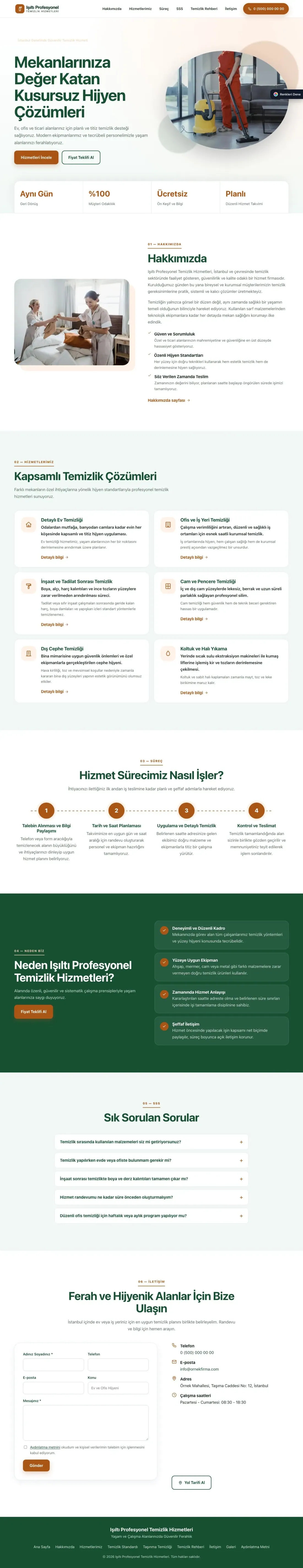 Temizlik için Tek Sayfa Yeşil Turuncu – Temizlik Web Sitesi ana sayfa görünümü