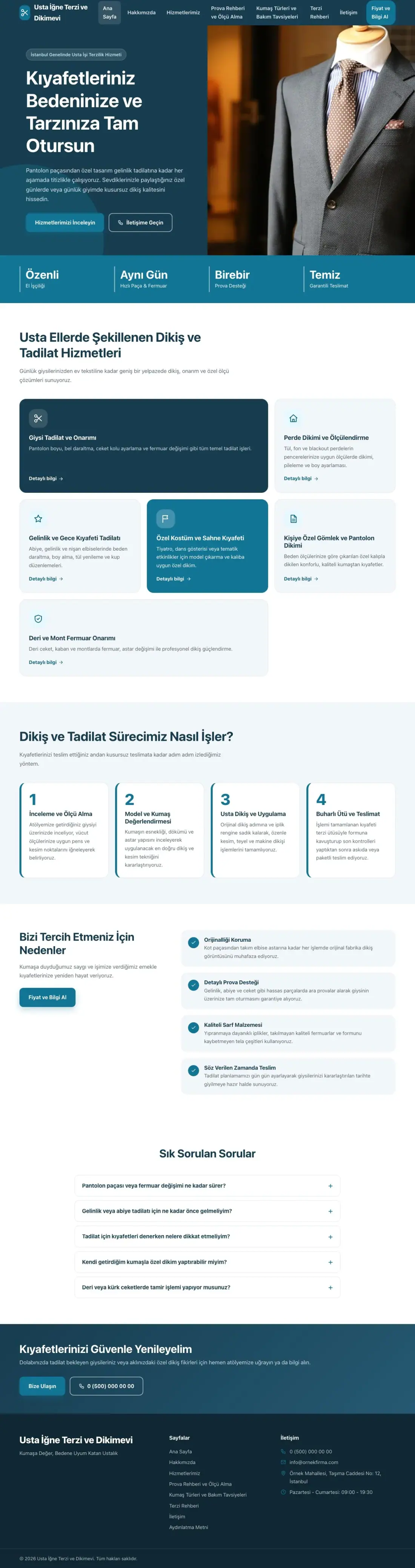Terzi ve Tadilat için Blok Mavi Turkuaz – Terzi ve Tadilat Web Sitesi ana sayfa görünümü