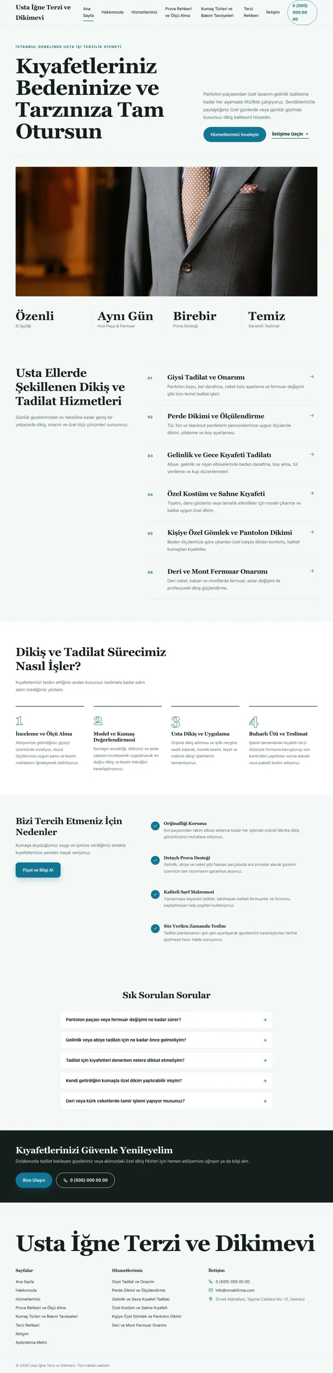 Terzi ve Tadilat için Editoryal Petrol Turkuaz – Terzi ve Tadilat Web Sitesi ana sayfa görünümü
