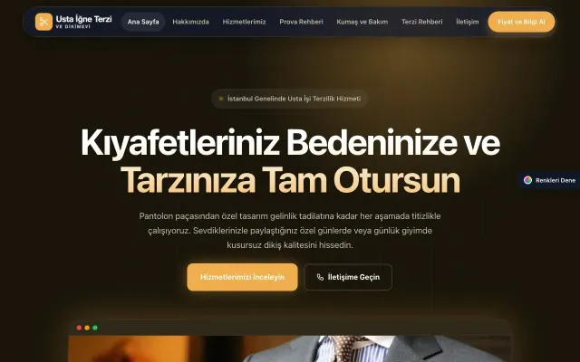 Terzi ve Tadilat için Koyu Modern Kahve Turuncu – Terzi ve Tadilat Web Sitesi ana sayfa görünümü